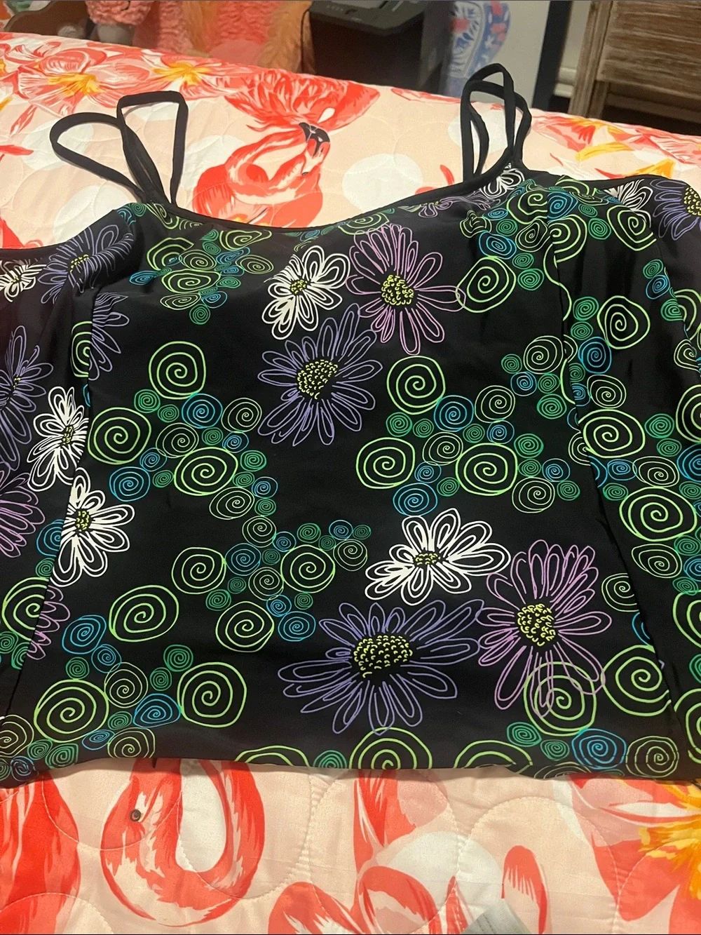 Black Floral Spiral Print Spaghetti Strap Tank Top bathing suit top